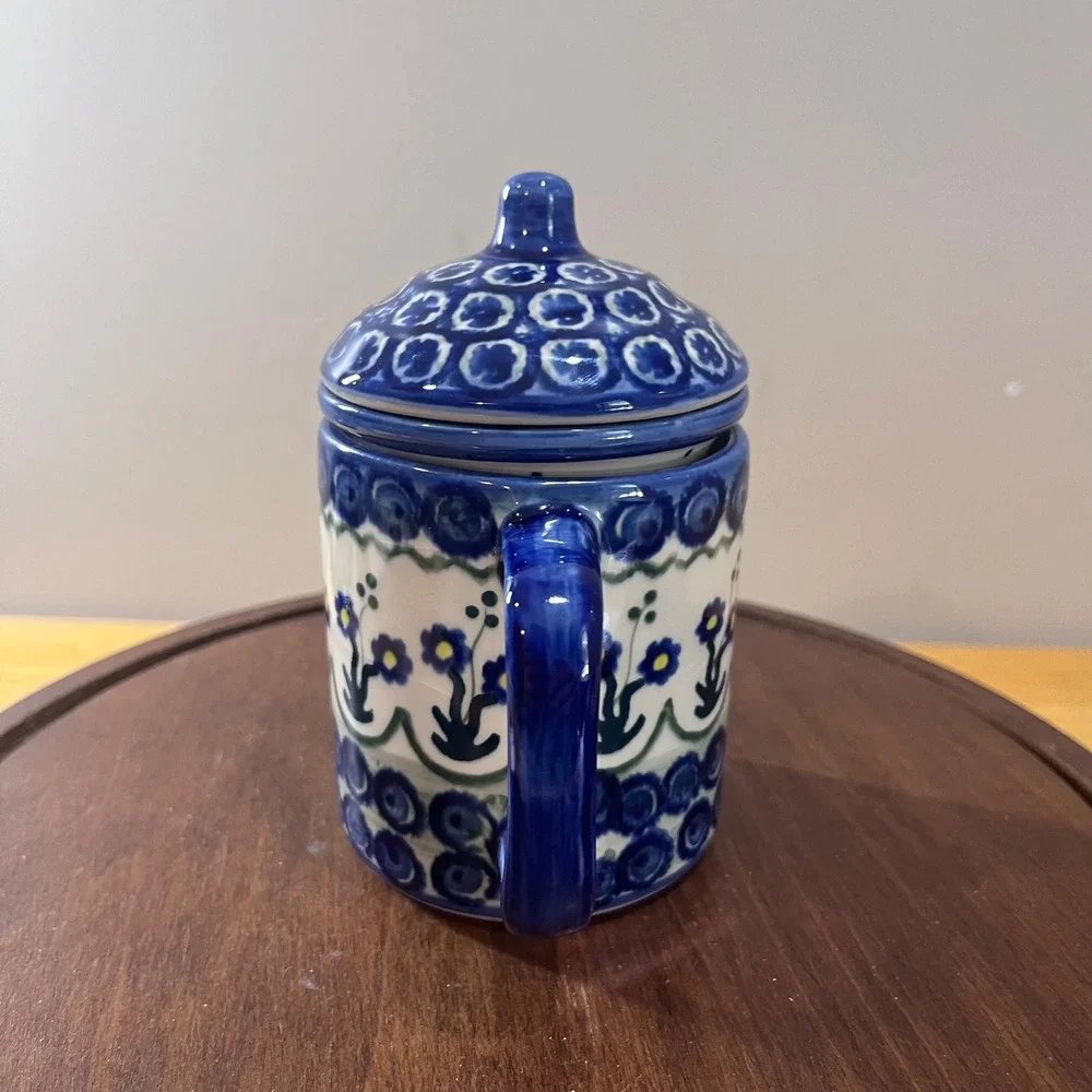 Vtg Polish Pottery Unikat Tea Infuser Mug Strainer Set Boleslawiec Blue Floral